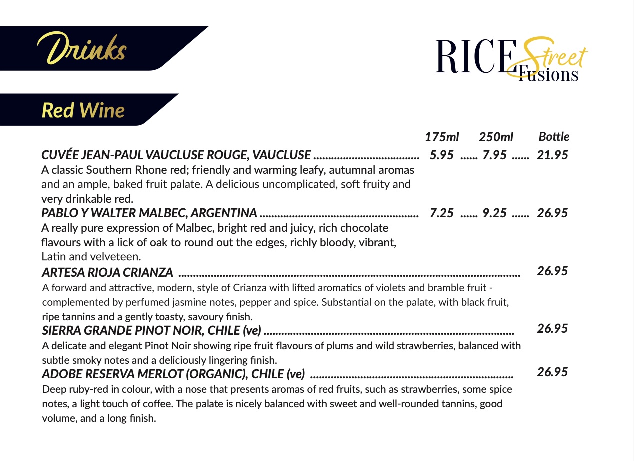 Rice Street Fusions Drinks Menu Image